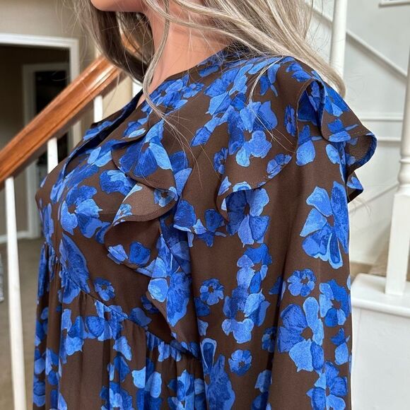 Adorable brown blue floral peasant midi dress - Picture 6 of 12